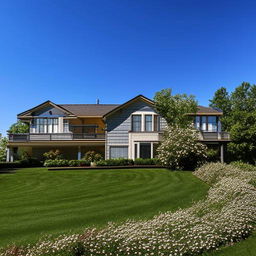 A cozy, beautiful home with a lush green lawn and colorful flowers surrounding it. The home flaunts a charming, welcoming aura under a clear blue sky.