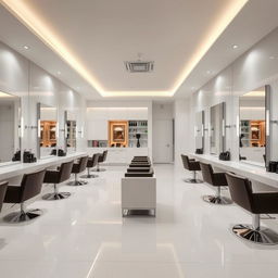 A luxurious and modern hair salon interior with a minimalistic design, featuring sleek white and silver color scheme, stylish haircutting stations with large mirrors, comfortable salon chairs, and contemporary lighting fixtures