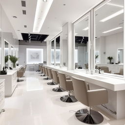 A luxurious and modern hair salon interior with a minimalistic design, featuring sleek white and silver color scheme, stylish haircutting stations with large mirrors, comfortable salon chairs, and contemporary lighting fixtures