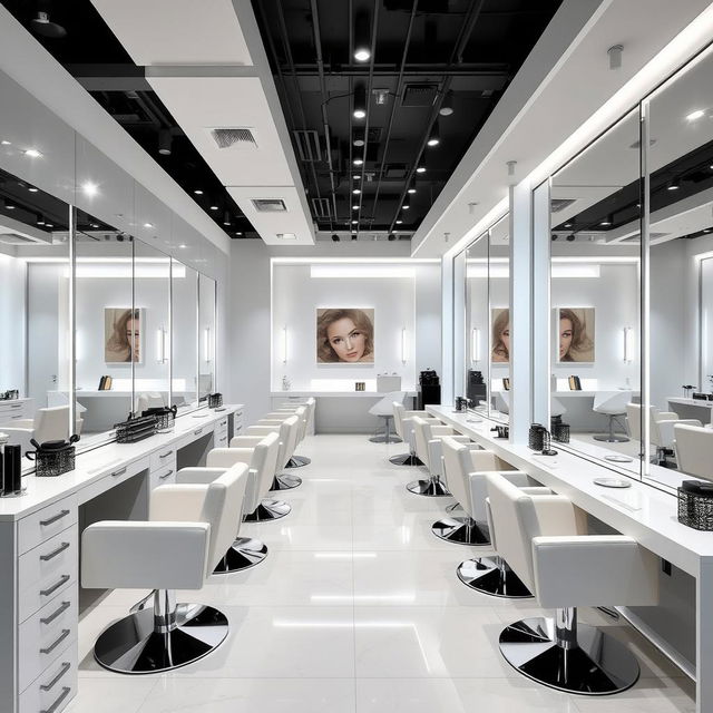 A luxurious and modern hair salon interior with a minimalistic design, featuring sleek white and silver color scheme, stylish haircutting stations with large mirrors, comfortable salon chairs, and contemporary lighting fixtures