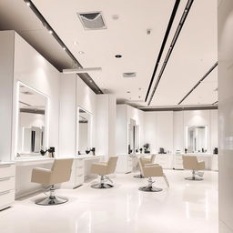 A luxurious and modern hair salon interior with a minimalistic design, featuring sleek white and silver color scheme, stylish haircutting stations with large mirrors, comfortable salon chairs, and contemporary lighting fixtures