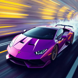 a sleek Lamborghini-inspired car with no logos, featuring dynamic yellow and purple speed waves, set against a high-speed backdrop