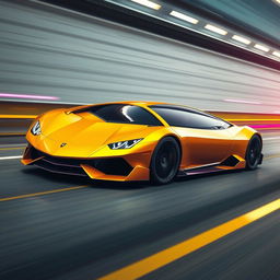 a sleek Lamborghini-inspired car with no logos, featuring dynamic yellow and purple speed waves, set against a high-speed backdrop