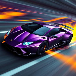 a sleek Lamborghini-inspired car with no logos, featuring dynamic yellow and purple speed waves, set against a high-speed backdrop