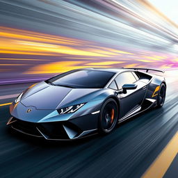 a sleek Lamborghini-inspired car with no logos, featuring dynamic yellow and purple speed waves, set against a high-speed backdrop