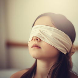 A girl delicately blindfolded, engaged in a meditative and serene activity