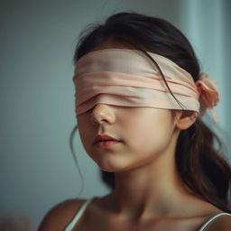 A girl delicately blindfolded, engaged in a meditative and serene activity