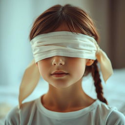 A girl delicately blindfolded, engaged in a meditative and serene activity