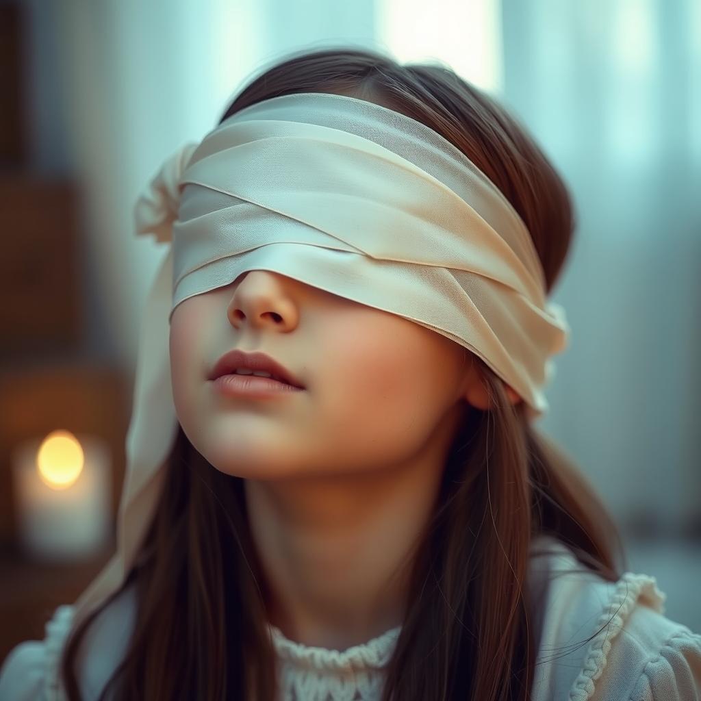 A girl delicately blindfolded, engaged in a meditative and serene activity