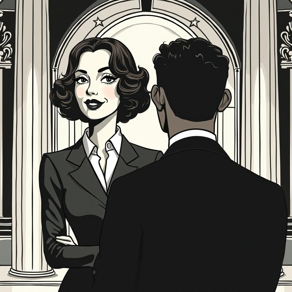 Black and white 1930s art style illustration showcasing a mature businesswoman with short brown curly hair, viewed from behind a black male character