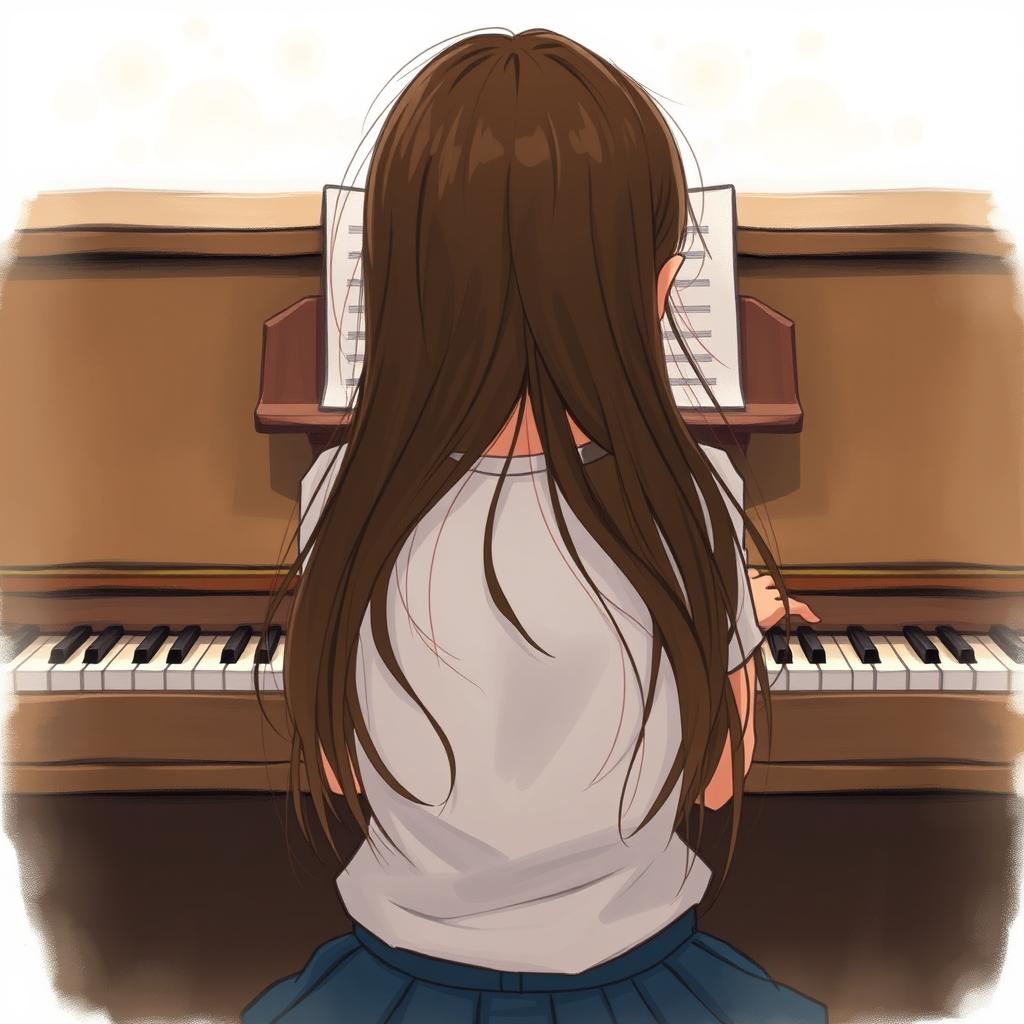 A girl with long hair sitting in front of a piano with her back facing the viewer, slightly hunched as if playing a melody only she can hear