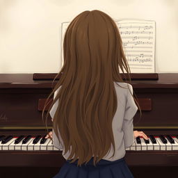 A girl with long hair sitting in front of a piano with her back facing the viewer, slightly hunched as if playing a melody only she can hear