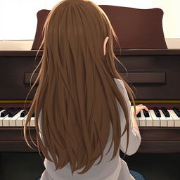 A girl with long hair sitting in front of a piano with her back facing the viewer, slightly hunched as if playing a melody only she can hear