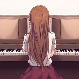 A girl with long hair sitting in front of a piano with her back facing the viewer, slightly hunched as if playing a melody only she can hear