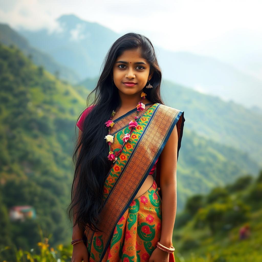 A beautiful Indian girl standing gracefully in the lush, green mountains