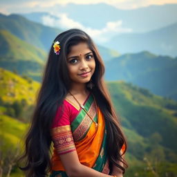 A beautiful Indian girl standing gracefully in the lush, green mountains