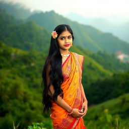 A beautiful Indian girl standing gracefully in the lush, green mountains