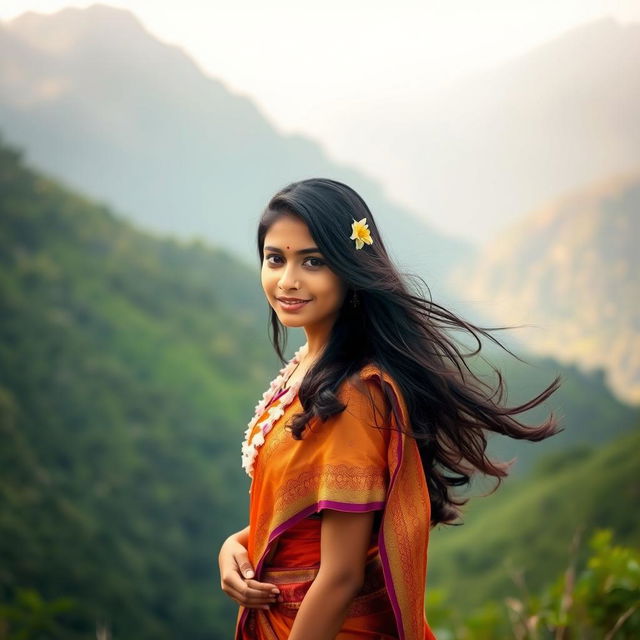 A beautiful Indian girl standing gracefully in the lush, green mountains