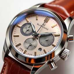 A detailed and close-up view of an elegant and sophisticated chronograph watch, showcasing its intricate dial design with multiple subdials, polished stainless steel case, and leather strap, reflecting a sense of luxury and precision