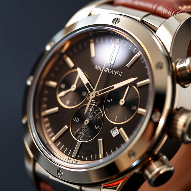 A detailed and close-up view of an elegant and sophisticated chronograph watch, showcasing its intricate dial design with multiple subdials, polished stainless steel case, and leather strap, reflecting a sense of luxury and precision