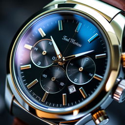 A detailed and close-up view of an elegant and sophisticated chronograph watch, showcasing its intricate dial design with multiple subdials, polished stainless steel case, and leather strap, reflecting a sense of luxury and precision