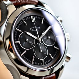 A detailed and close-up view of an elegant and sophisticated chronograph watch, showcasing its intricate dial design with multiple subdials, polished stainless steel case, and leather strap, reflecting a sense of luxury and precision