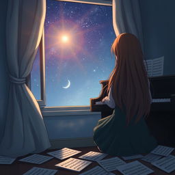 A girl with long hair sitting in front of a piano with her back facing the viewer, slightly hunched as if playing a melody only she can hear