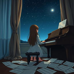 A girl with long hair sitting in front of a piano with her back facing the viewer, slightly hunched as if playing a melody only she can hear