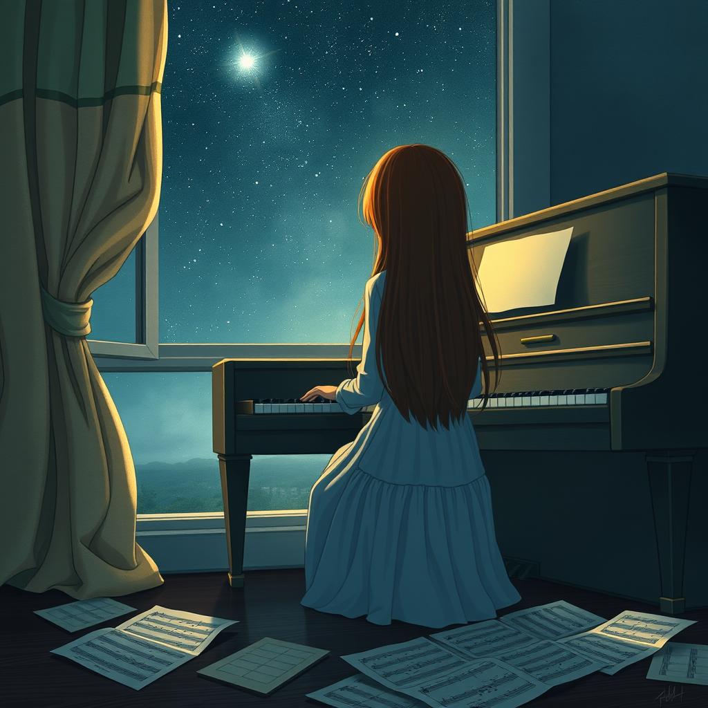 A girl with long hair sitting in front of a piano with her back facing the viewer, slightly hunched as if playing a melody only she can hear