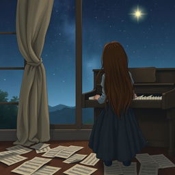 A girl with long hair sitting in front of a piano with her back facing the viewer, slightly hunched as if playing a melody only she can hear