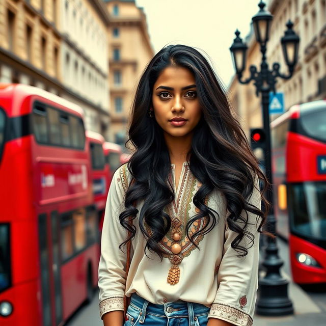 An Indian girl in an urban UK setting, seamlessly blending traditional and modern elements