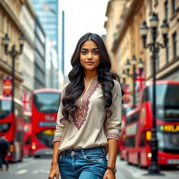 An Indian girl in an urban UK setting, seamlessly blending traditional and modern elements