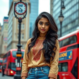 An Indian girl in an urban UK setting, seamlessly blending traditional and modern elements