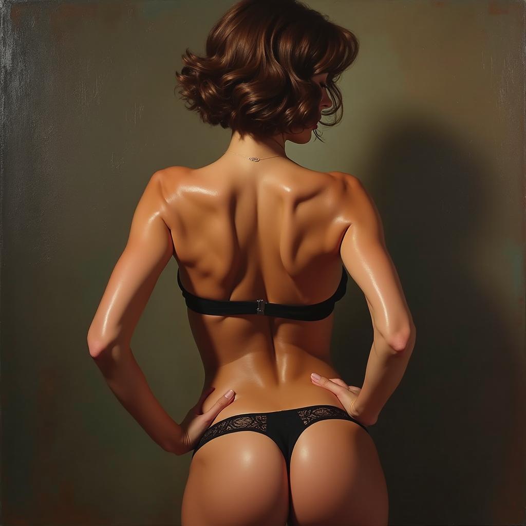 Polished oil-based painting of a nude body view of a gorgeous mature woman wearing garters, with brown curly short hair, and beautiful breasts, engaged in a sensual pose from behind