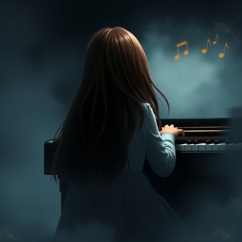 A girl with long hair sitting in front of a piano with her back facing the viewer, slightly hunched as if playing a melody only she can hear