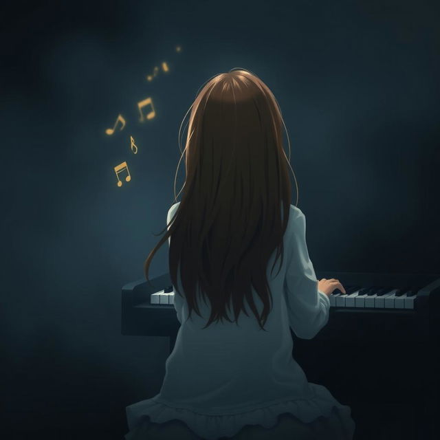 A girl with long hair sitting in front of a piano with her back facing the viewer, slightly hunched as if playing a melody only she can hear