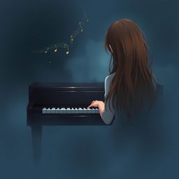 A girl with long hair sitting in front of a piano with her back facing the viewer, slightly hunched as if playing a melody only she can hear