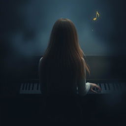 A girl with long hair sitting in front of a piano with her back facing the viewer, slightly hunched as if playing a melody only she can hear