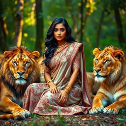 An attractive Indian woman with an alluring figure, sitting confidently amidst a group of majestic lions in a lush forest setting