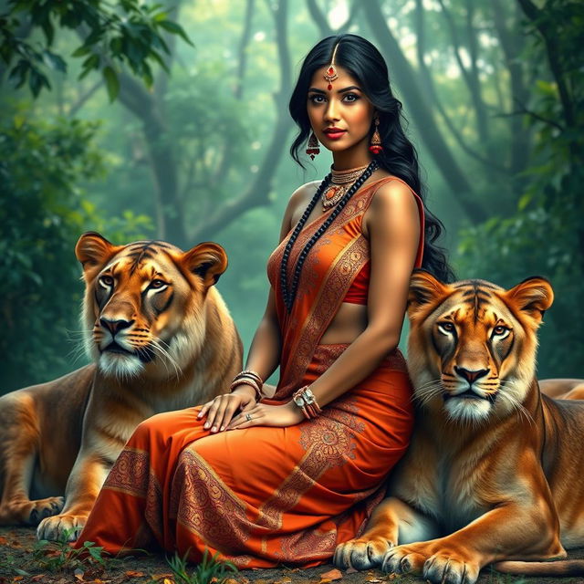 An attractive Indian woman with an alluring figure, sitting confidently amidst a group of majestic lions in a lush forest setting