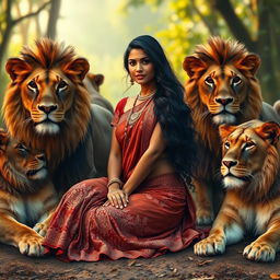 An attractive Indian woman with an alluring figure, sitting confidently amidst a group of majestic lions in a lush forest setting