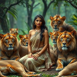 An attractive Indian woman with an alluring figure, sitting confidently amidst a group of majestic lions in a lush forest setting