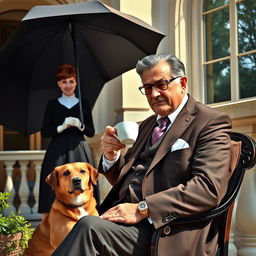 An affluent man in his fifties, exuding elegance and a noble demeanor, is sitting on a terrace, enjoying a cup of tea