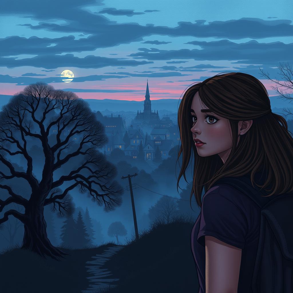 An enchanting view of Crestwood City at dusk, wrapped in a mysterious atmosphere