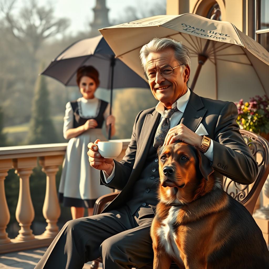 An affluent man in his fifties, exuding elegance and a noble demeanor, is sitting on a terrace, enjoying a cup of tea