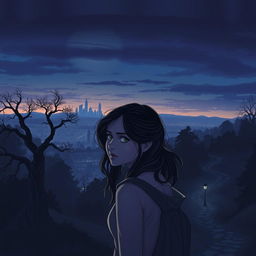 An enchanting view of Crestwood City at dusk, wrapped in a mysterious atmosphere