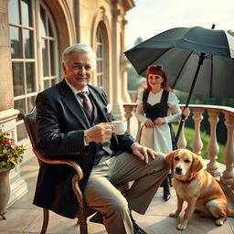 An affluent man in his fifties, exuding elegance and a noble demeanor, is sitting on a terrace, enjoying a cup of tea