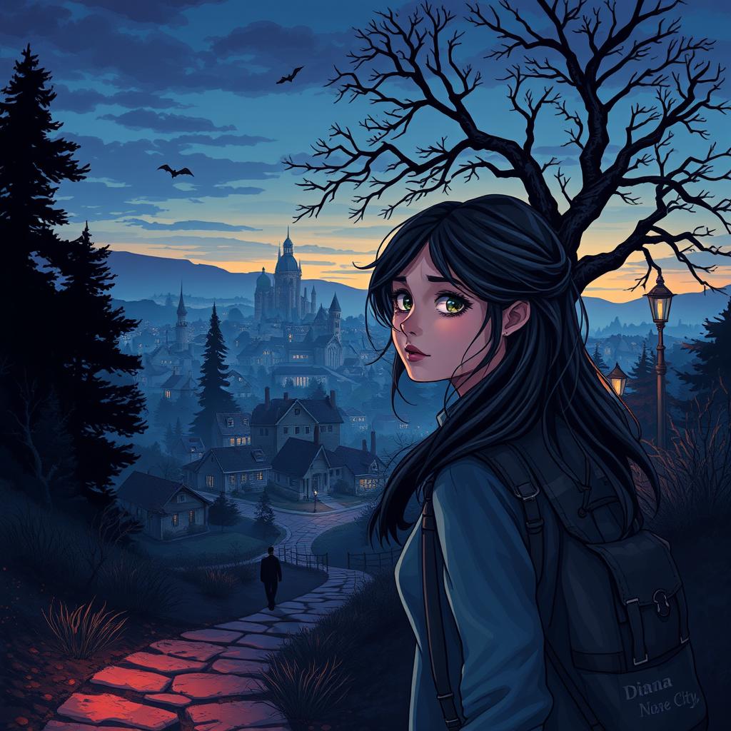 An enchanting view of Crestwood City at dusk, wrapped in a mysterious atmosphere