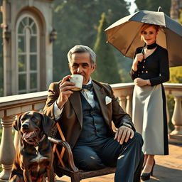 An affluent man in his fifties, exuding elegance and a noble demeanor, is sitting on a terrace, enjoying a cup of tea