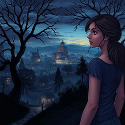 An enchanting view of Crestwood City at dusk, wrapped in a mysterious atmosphere